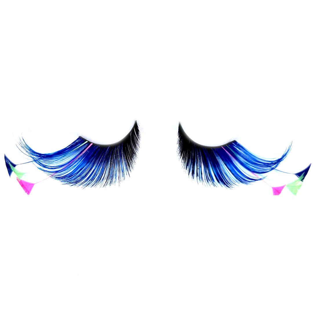 Dramatic black & blue lashes with pink & green feather tips.