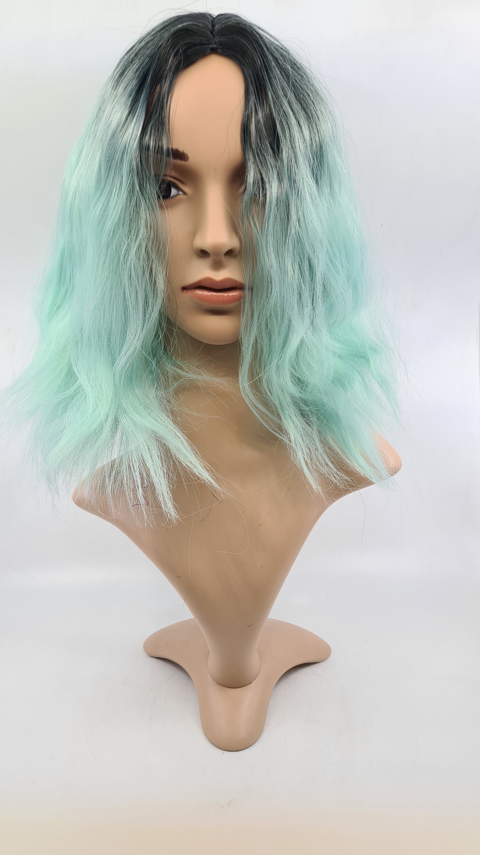 Wig- Kylie- Ombre Black to Mint Kinked Lob